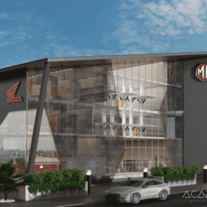 Exterior view of showroom building with glass facade